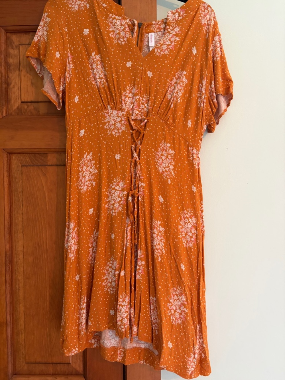 Xhilaration Orange Floral V-Neck Lace-Up Dress